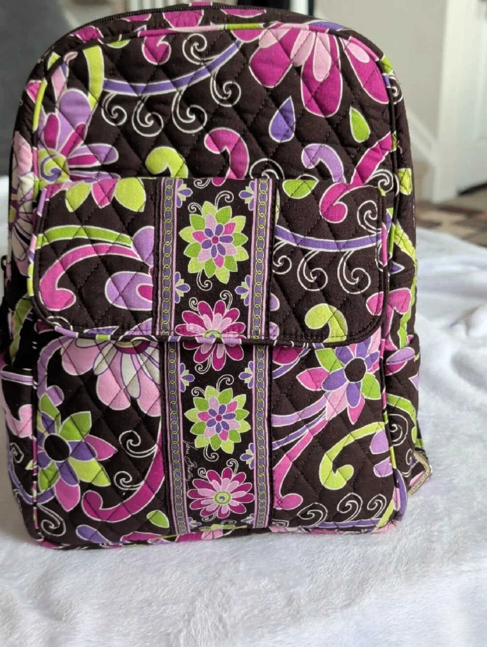 Vera Bradley Quilted Floral Backpack in Brown, Pink & Green